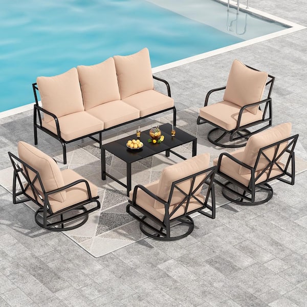 Outdoor 4-Piece Swivel Chairs Sofa，3-Seats Sofa and Coffee Table Metal Patio Furniture Set with Beige Cushions