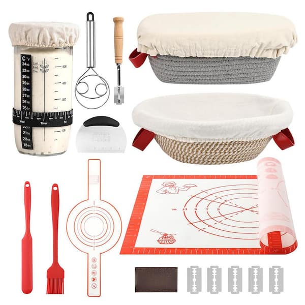 Sourdough Starter Kit with 10 in. Oval and Round Banneton Baskets, Includes Liner, Cover, Jar, Mat, Scraper, Lame