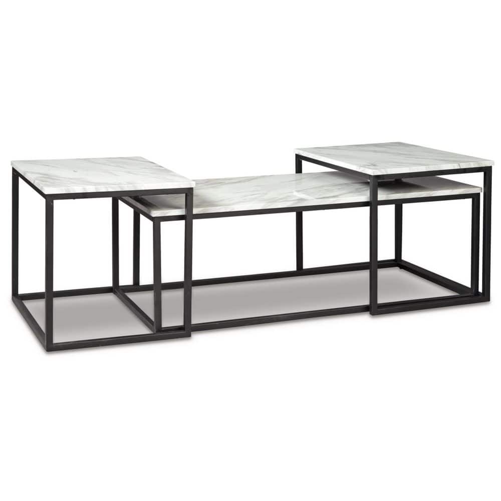 Contemporary Black Metal Frame Rectangular Marble Top 3-Piece Table Set