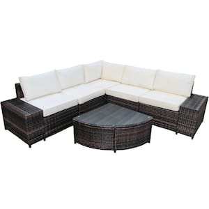 6-Piece Wicker Outdoor Sectional Set with Tempered Glass Coffee Table and White Cushions
