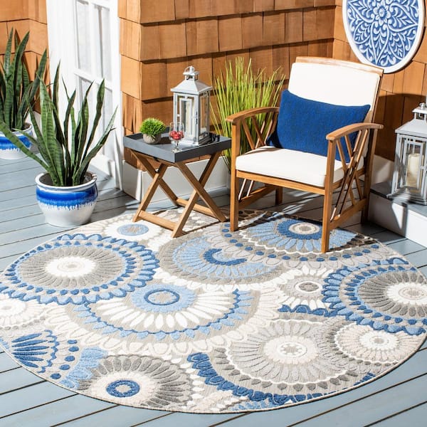 Cabana Gray/Blue 3 ft. x 3 ft. Medallion Floral Round Indoor/Outdoor Area Rug
