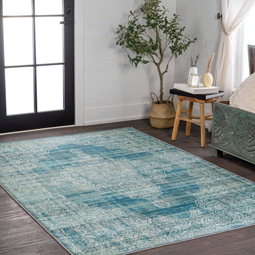 Teal and Cream Medallion Washable Synthetic Area Rug