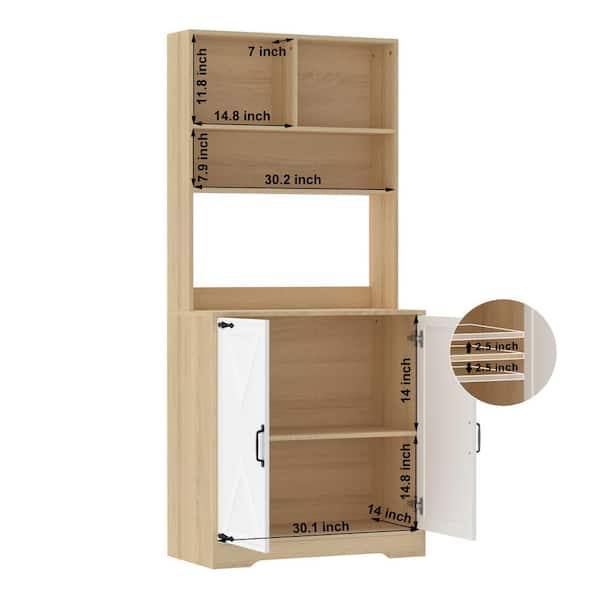 Natural Wood Pantry Organizer, Freestanding Larder Cupboard, Kitchen Pantry Storage Cabinet with 2-Doors, 3-Tier
