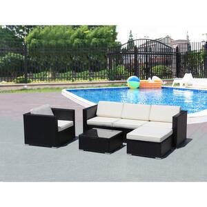 Outdoor Black 4-Piece Wicker Patio Conversation Set with White Cushions