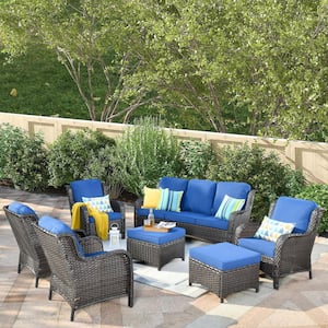 Santorini Brown 7-Piece Wicker Outdoor Patio Conversation Seating Sofa Set with Navy Blue Cushions