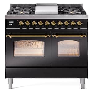 Nostalgie II 40 in. 6 Burner Plus Griddle Freestanding Double Oven Dual Fuel Range in Glossy Black with Brass