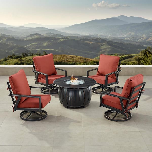 Oakland Living Black 7-Piece Aluminum Patio Fire Pit Set with 4-Club Chairs Red Cushions