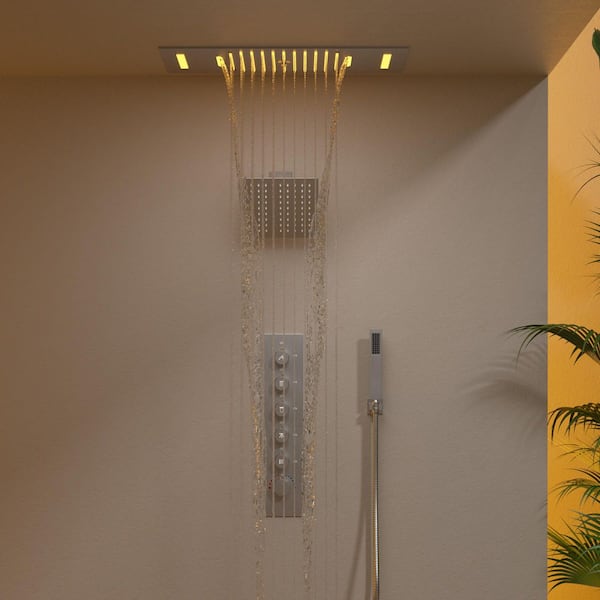 Aurora 23x15 in. Mood Light Speaker Shower System with 8 in. Shower Head, Handheld, Thermostatic Valve in Brushed Nickel