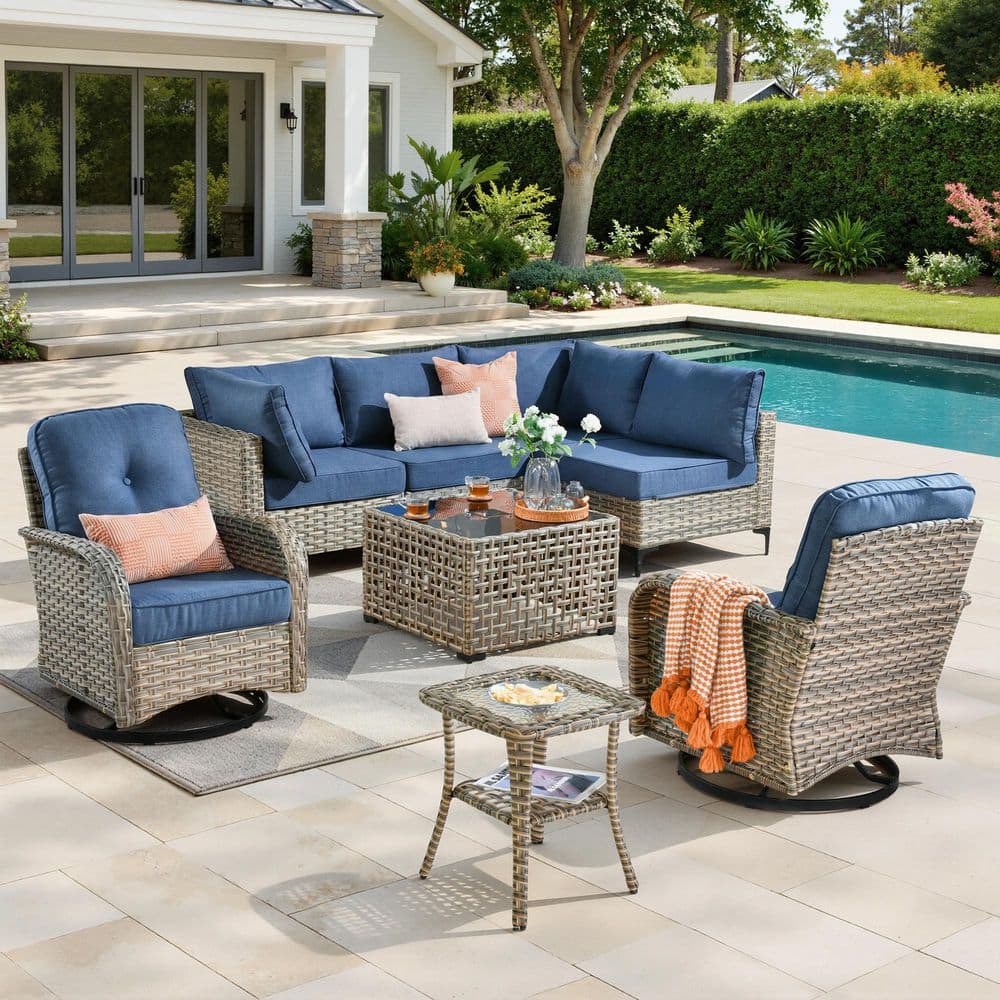 Reno 8-Piece Wicker All-Weather Outdoor Patio Conversation Sofa Set with Swivel Chairs and Denim Blue Cushions price history on PriceWatchPro