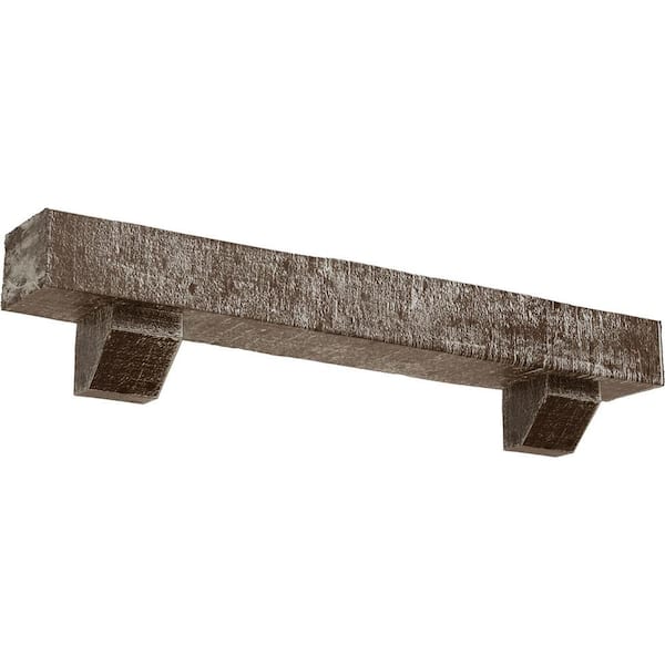 Ekena Millwork 4 in. x 8 in. x 7 ft. Rough Cedar Faux Wood Fireplace Mantel Kit, Ashford Corbels, Vintage Mahogany