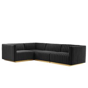 Conjure 78 in. W Channel Tufted Performance Velvet 4-Piece Sectional in Gold Black