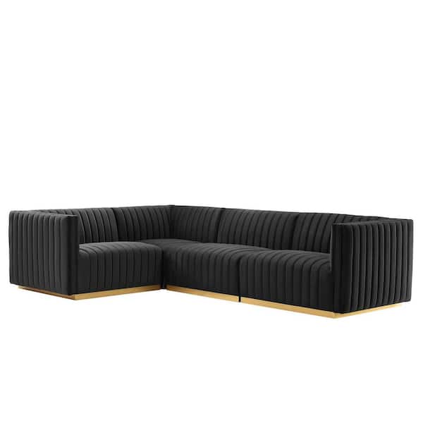 MODWAY Conjure 78 in. W Channel Tufted Performance Velvet 4-Piece Sectional in Gold Black