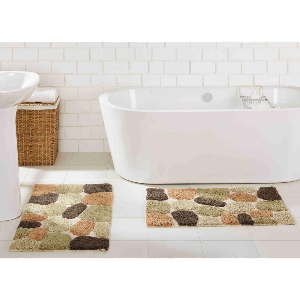 Pebble Pattern Beige and Brown Cotton Bath Rug Set