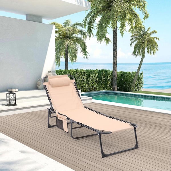 Tenleaf 2-Piece Black Metal Outdoor Adjustable and Reclining Tanning Chaise Lounge with khaki Seat, Pillow and Side Pocket