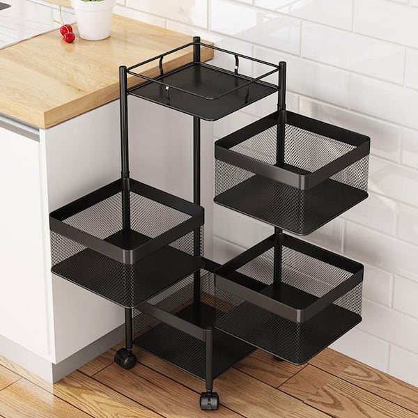 Round Rotating Multi-Layer Kitchen Storage Shelf, 4 Tier Fruit Vegetable  Storage Basket, Kitchen Storage Rack Floor Standing, Movable Household  Storage Rack for Kitchen Living Room Toilet Black 