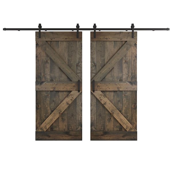 COAST SEQUOIA INC K Series 76 in. x 84 in. Aged Barrel DIY Knotty Wood Double Sliding Barn Door with Hardware Kit