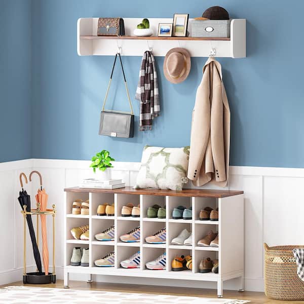Carmalita White and Brown Hall Tree with Shoe Cubby and Coat Rack, Shoe  Rack Bench with Wall Mounted Shelf and Hooks