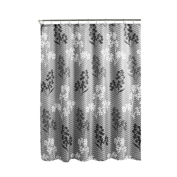 Creative Home Ideas Diamond Weave Textured 70 in. W x 72 in. L Shower Curtain with Metal Roller Rings in Whimsy Leaves Gray
