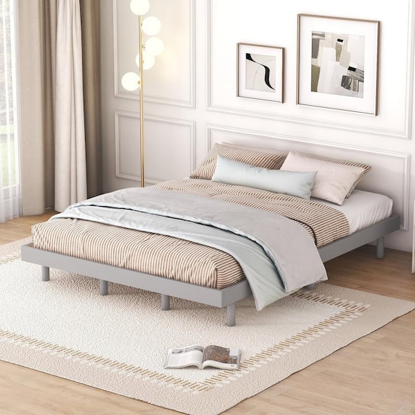 Harper & Bright Designs Gray Wood Frame Queen Size Modern Platform Bed with 6 Solid Rubberwood Legs