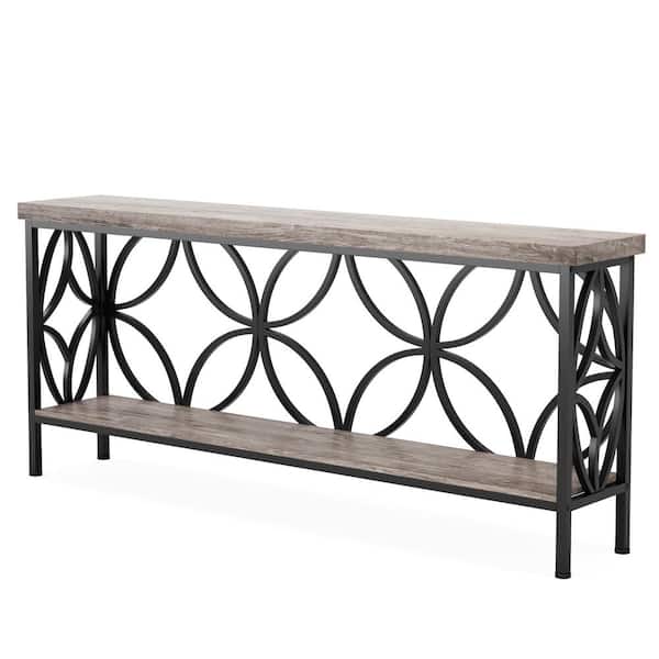 BYBLIGHT 70.9 in. Grey and Black Rectangle Engineered Wood Sofa Console Table with Storage Shelf