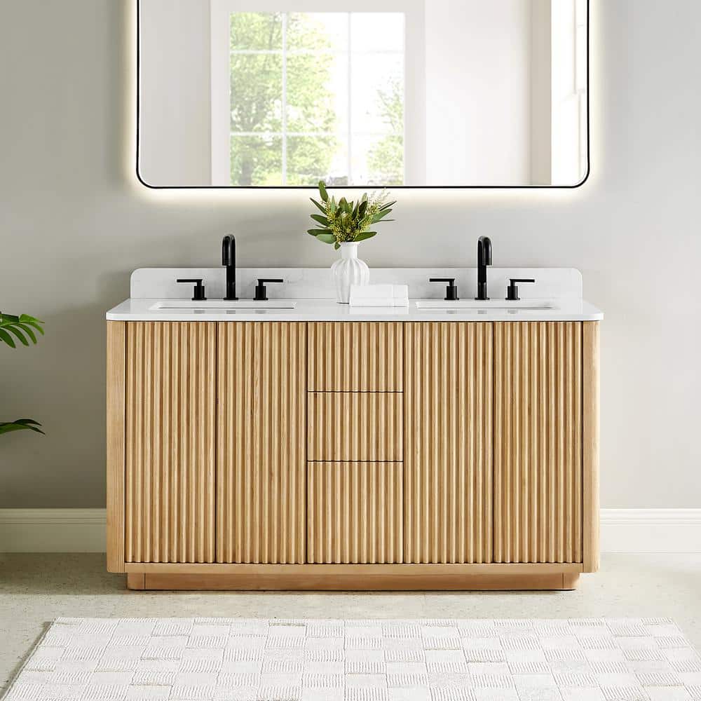Clayton 60 in. Double Freestanding Washed Light Brown Bath Vanity with Grain White Engineered Stone Top Assembled price history on PriceWatchPro
