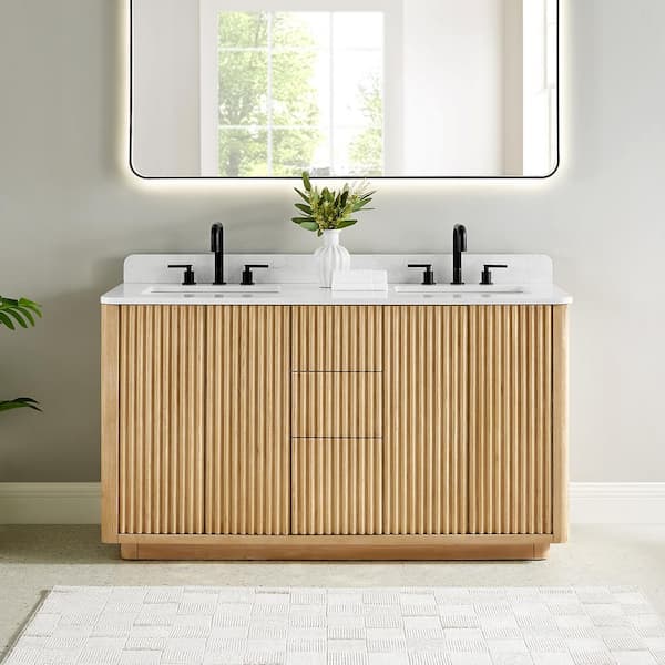 Altair Clayton 60 in. Double Freestanding Washed Light Brown Bath Vanity with Grain White Engineered Stone Top Assembled