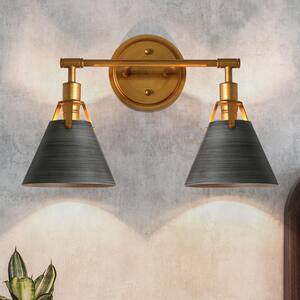 Vintage Gold/Gray Modern Vanity Light with Bell/Cone Shades for Bathroom 2-Light Rustic Sconce for Gallery Wall Kitchen