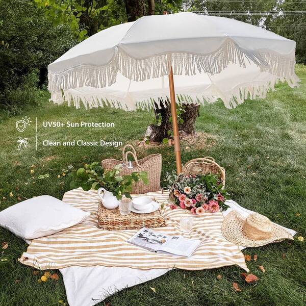 boho patio umbrellas Wooden Beach Umbrella, Macrame Bohemian Umbrella This 9ft patio umbrella features a bohemian Hcman Boho Fringe Tassel 6.5