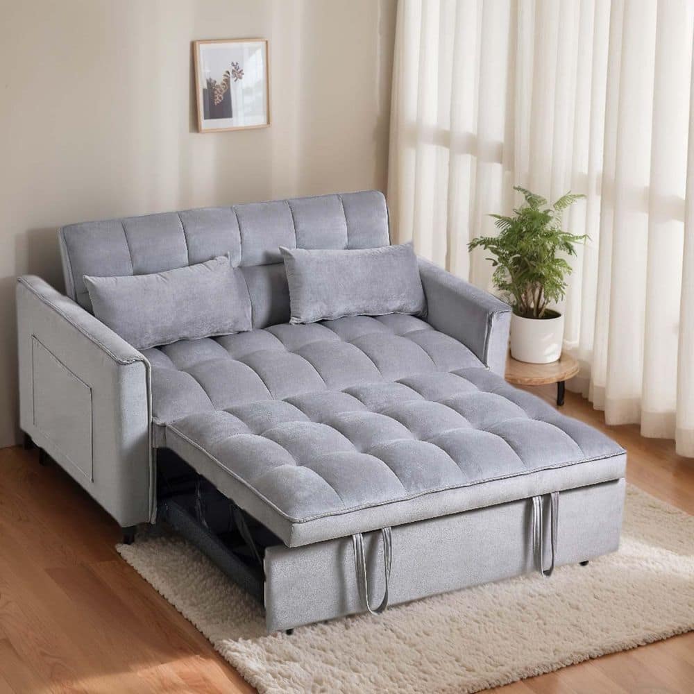 52.75 in. Light Gray Velvet Full Sleeper Sofa Bed 3-in-1 Convertible ...