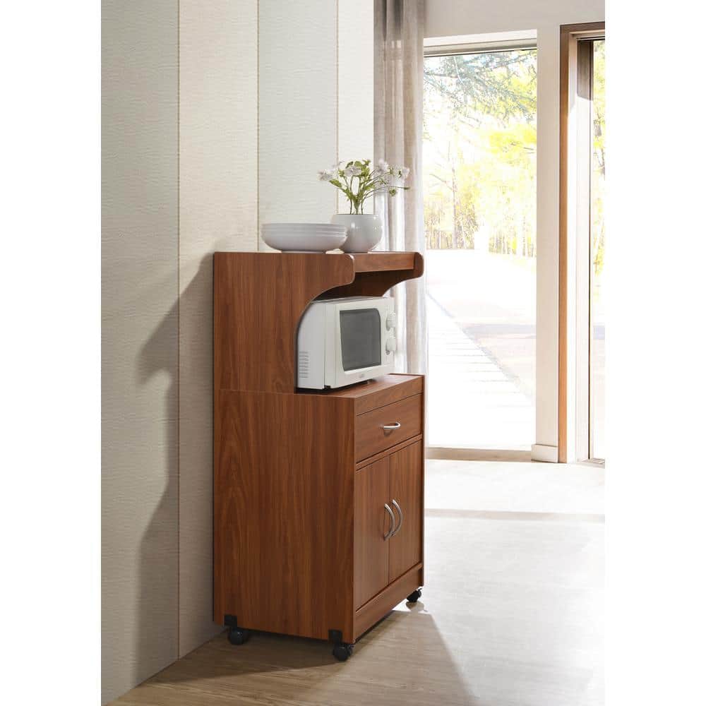 Cherry Wood Microwave Kitchen Cart with Storage and Wheels