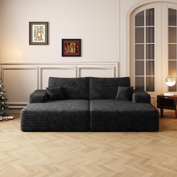 Comfort Collection 74.8 in. Square Arm 2-Piece Corduroy Rectangular Dual Sleeper Sofa Bed Sectional Sofa in Black