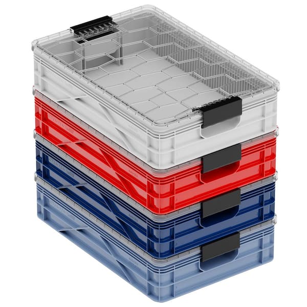 Quarter Crate 4-Pack Heavy Duty Stackable Storage Bins with Lids and Dividers Racing Pack