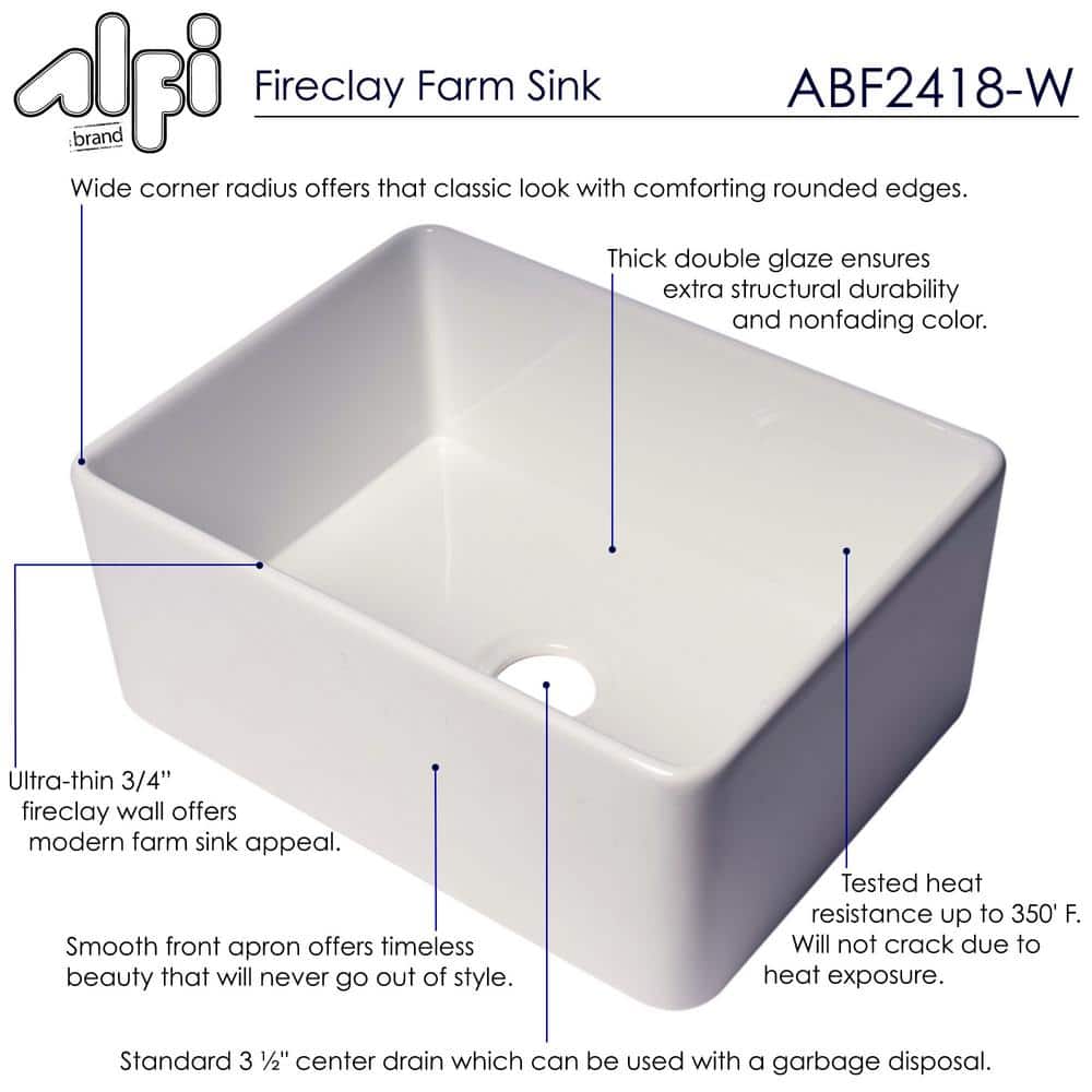 24" White Fireclay Single Bowl Farmhouse Kitchen Sink
