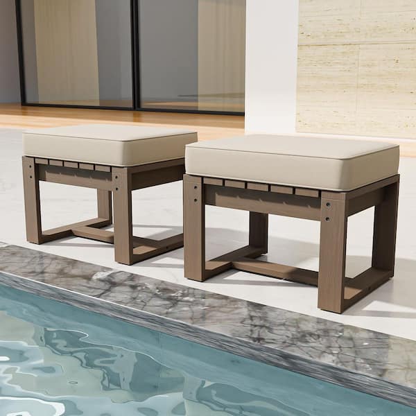 EAGLE PEAK Brown Solid Wood Cedar Wicker Patio Outdoor Ottoman with Beige Cushion (2-Pack)