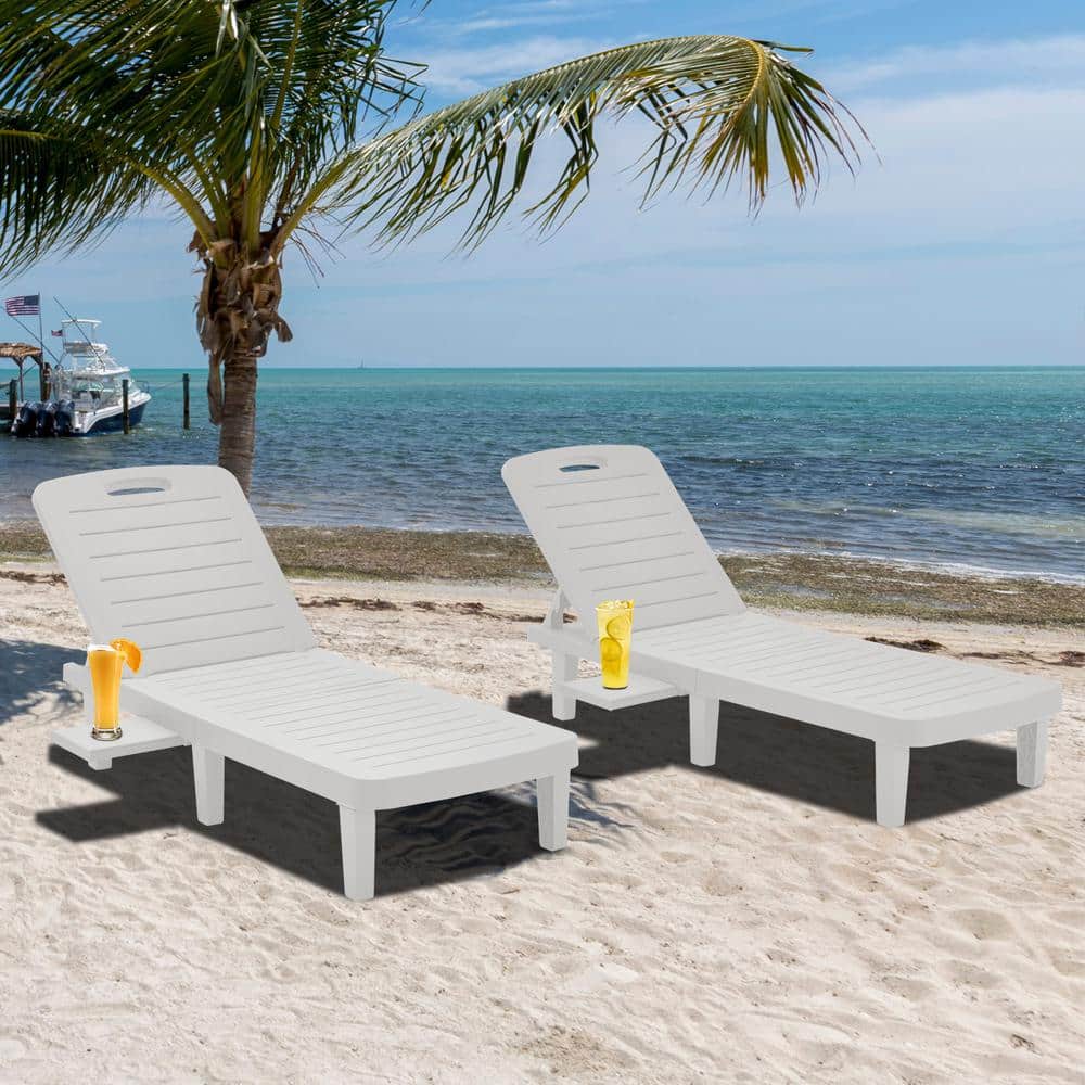 White Plastic Outdoor Chaise Lounge with Reclining Adjustable Backrest and 