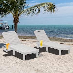 White Plastic Outdoor Chaise Lounge with Reclining Adjustable Backrest and Side Tray, Set of 2