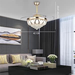 42 in. 3-Color Integrated LED Indoor Gold Invisible Crystal Ceiling Fan with 4 Retractable Blades and Remote