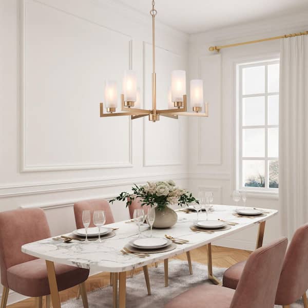Gold 6-Light Modern Island Chandelier High Ceiling Light for Kitchen, Dining Room with Cylinder Frosted Glass Shades