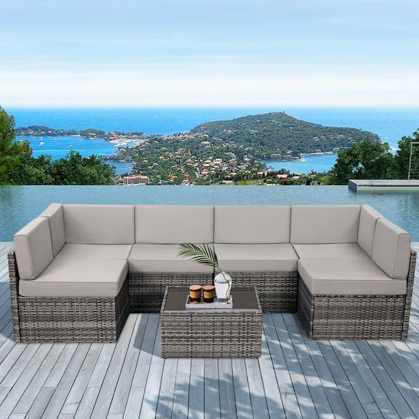 Tenleaf 7-Piece Gray Wicker Outdoor Sofa Sectional Set Conversation Sets with Light Gray Cushions