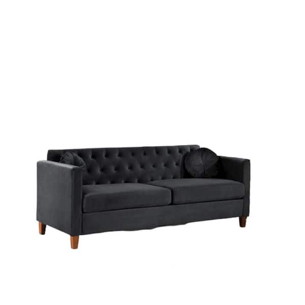 Lory 79.5 in. W Square Arms Velvet 3-Seats Straight Lawson Sofa with in Black