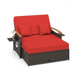 Mixed Brown Wicker Outdoor Day Bed with Red Cushions and Folding Panels