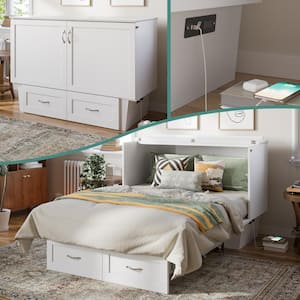Monroe White Solid Wood Full Size Frame Murphy Bed Chest with Memory Foam Mattress USB Charger and Storage Drawer
