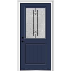 32 in. x 80 in. Courtyard Right-Hand 1/2-Lite Decorative Painted Fiberglass Smooth Prehung Front Door, 6-9/16 in. Frame