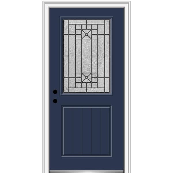 MMI DOOR Courtyard 32 in. x 80 in. Right-Hand 1/2-Lite Decorative Blue Fiberglass Smooth Prehung Front Door on 6-9/16 in. Frame