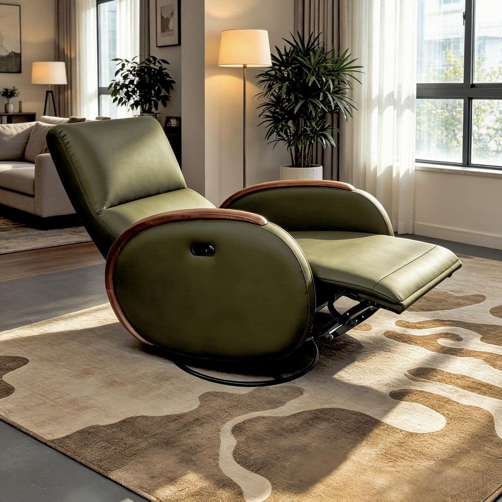 Power Green technical leather Solid Oak Armrest Recliner with 260° Swivel and Rocking