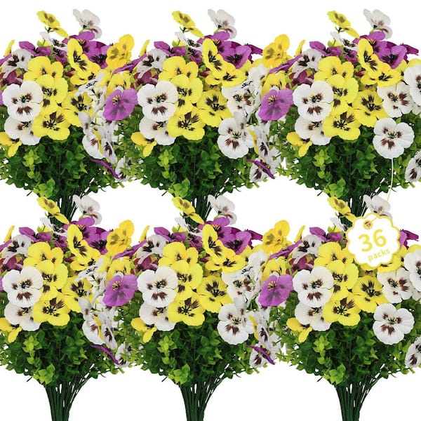 13.3 in. Purple UV Resistant Indoor/Outdoor Artificial Pansy Bush Floral Stem (Set of 36)