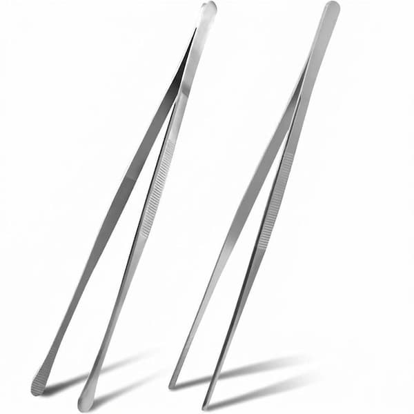 2-Pieces Silver Stainless Steel Kitchen Tweezer Tongs Set Food-Grade Grill BBQ Salad Pasta Plating Accessory