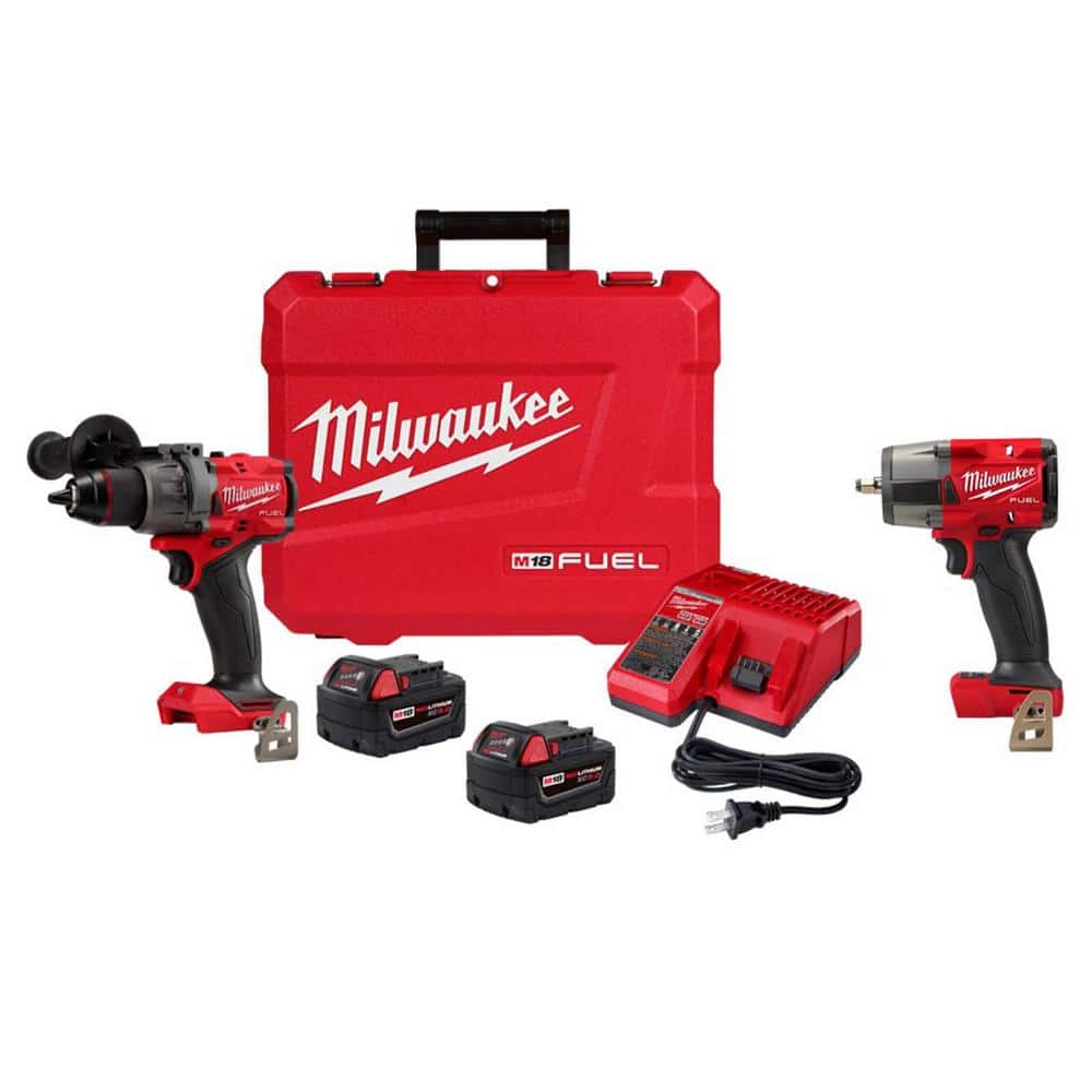 M18 FUEL 18V Lithium-Ion Brushless Cordless 1/2 in. Hammer Drill Driver Kit w/3/8 in. Mid-Torque Impact Wrench -  Milwaukee, 2904-22-2960-20