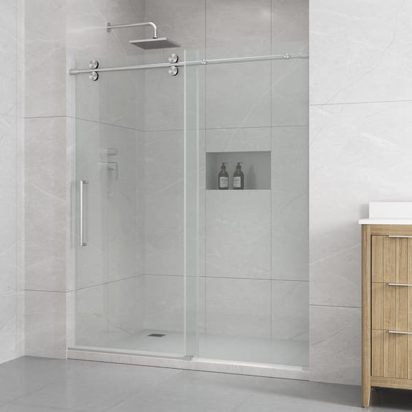 Reva 60 in. W x 74.02 in. H Sliding Frameless Shower Door with Clear Glass in Satin Nickel