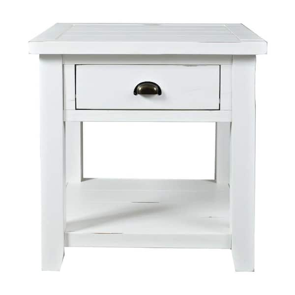 Benjara 24 in. W White Weathered Wooden End Table with Open Shelf ...